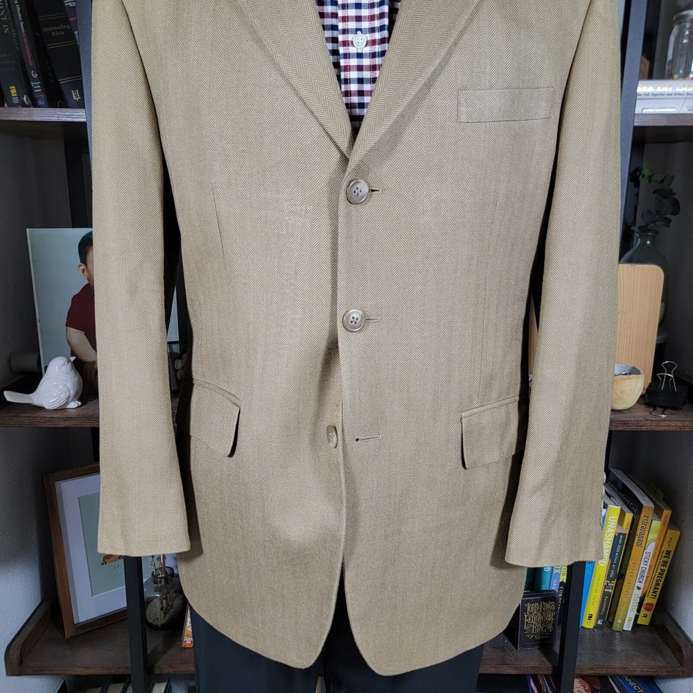 Chaps Ralph Lauren Men's Sport Coat Three Button Dark Beige Herringbone Silk 40R - Picture 10 of 16